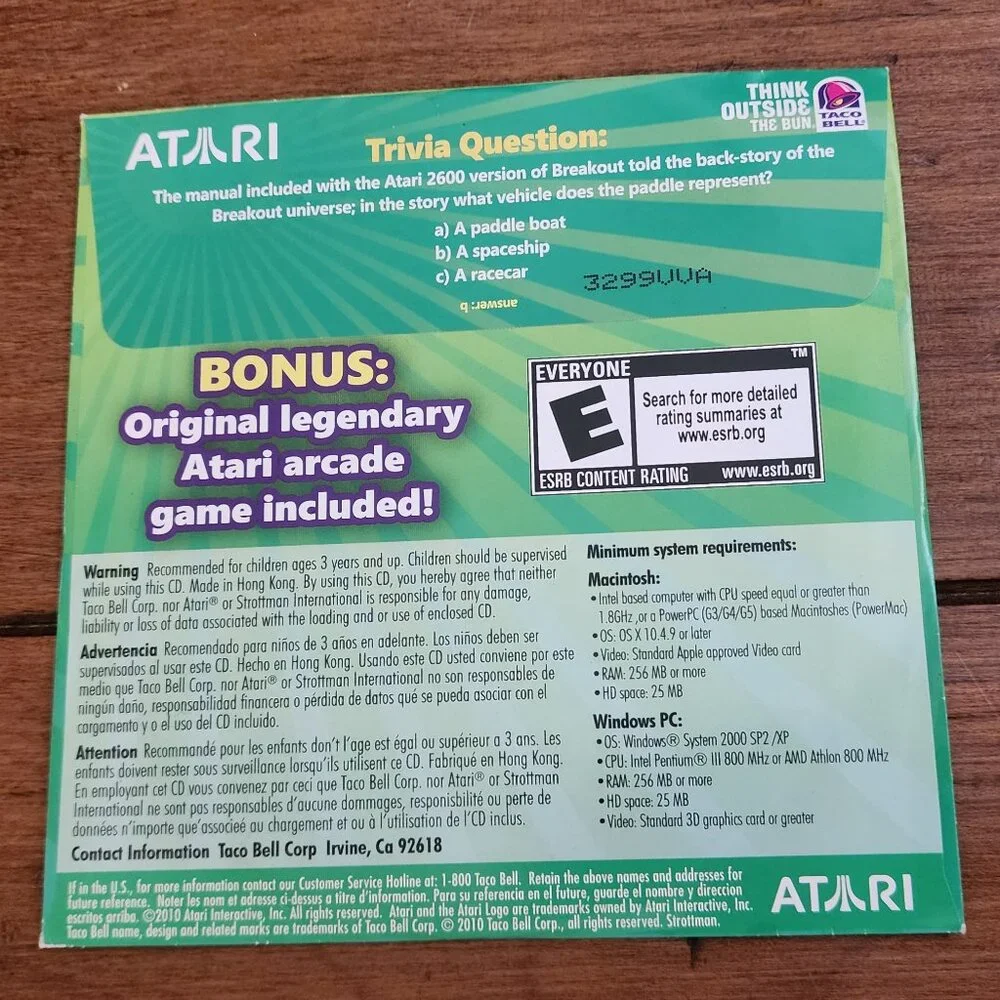 Atari Super Breakout Classic Play Disc Taco Bell Promo PC Game NEW Sealed